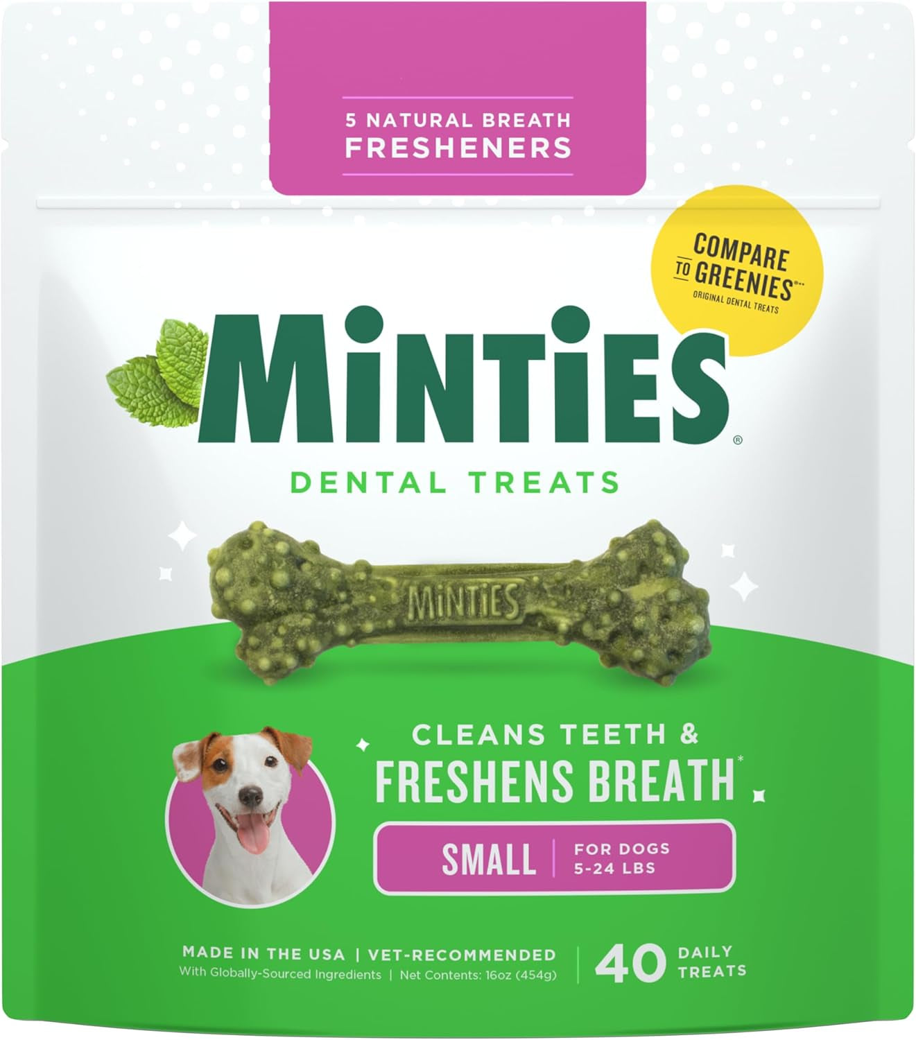Dental Chews for Dogs, 40 Count, Vet-Recommended Mint-Flavored Treats for Tiny/Small Dogs 5-24 Lbs, Dental Bones Clean Teeth, Fight Bad Breath, and Removes Plaque and Tartar