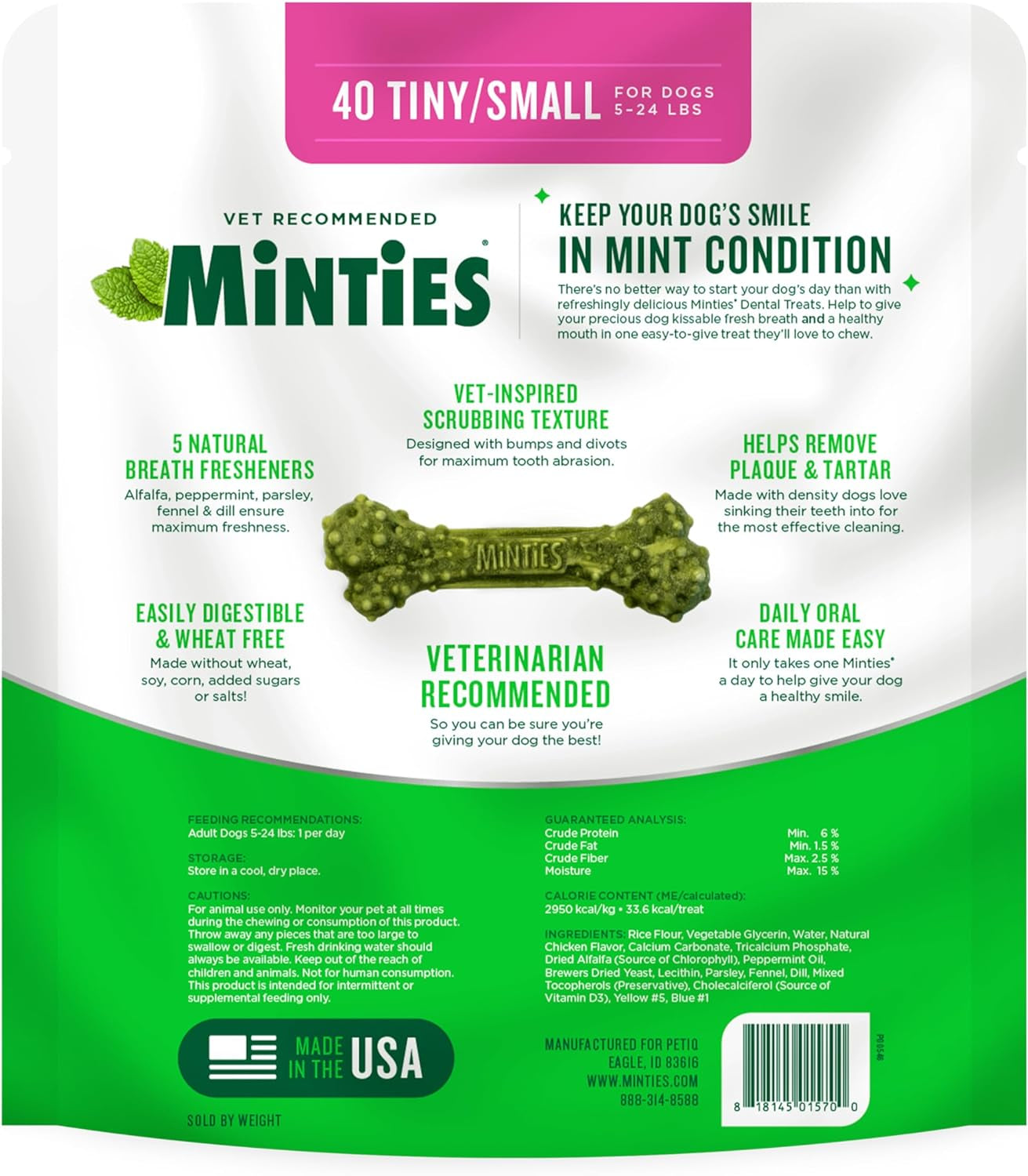 Dental Chews for Dogs, 40 Count, Vet-Recommended Mint-Flavored Treats for Tiny/Small Dogs 5-24 Lbs, Dental Bones Clean Teeth, Fight Bad Breath, and Removes Plaque and Tartar